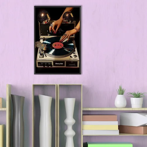 Vista 5 de Pósteres de lienzo de vinilo de música retro, tocadiscos de música de los años 70, arte de pared de disco con estampado estético de leopardo Multi 01