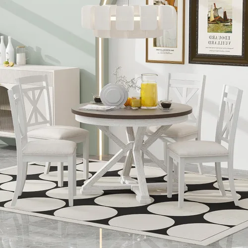 Vista 2 de Juego de mesa de comedor de 5 piezas, mesa redonda extensible funcional retro y 4 sillas tapizadas para comedor, sala de estar, marrón + blanco