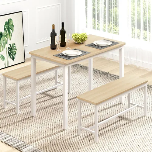 Vista 12 de Rovibek Juego de 4 sillas de mesa de comedor para 4, mesa de cocina moderna que ahorra espacio con 2 bancos y pies ajustables, mesa de desayuno