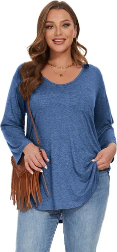 Vista 6 de BELAROI Camiseta básica de manga 34 con cuello en V para mujer, talla grande, holgada, con bolsillo