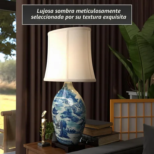 Vista 2 de Red Lantern Lámpara de jarrón de paisaje Ming azul y blanco de 32" Ming Paisaje