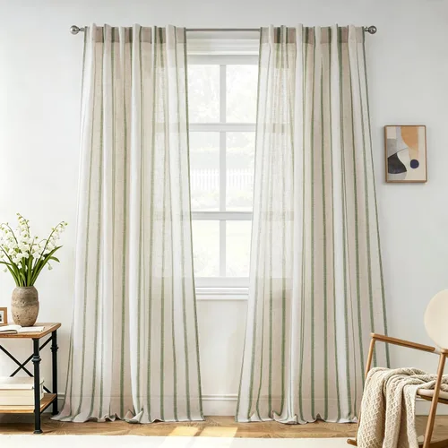 Vista 45 de DriftAway Cortinas de estilo granja con rayas verticales de lino mezclado texturizado con filtro de luz semitransparente para sala de estar