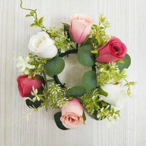 Vista 7 de Anillos de vela, corona de flores, portavelas de rosas artificiales de 9 pulgadas para centros de mesa de boda, guirnalda de primavera