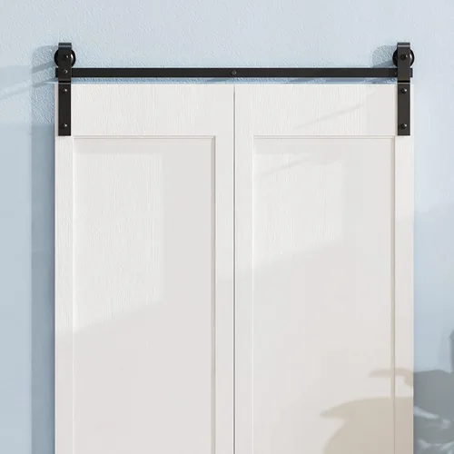 Vista 6 de ROOMTEC Kit de riel de hardware para puerta corrediza de granero biplegable de 2.5 pies, kit de rodillos negros para 2 puertas, forma de J