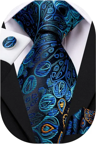 Vista 45 de Hi-Tie Conjunto de corbatas de seda con estampado paisley para hombre, pañuelo de bolsillo y gemelos, conjuntos de corbata formal para negocios a