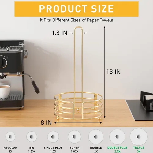 Vista 3 de Buruis Toallero de papel dorado brillante para encimera de cocina, desgarro con una mano con base de 8 pulgadas de ancho, 13 pulgadas de altura