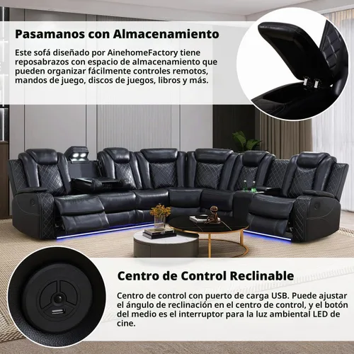 Vista 6 de Sofá Seccional Reclinable Eléctrico, Sofá Modular Seccional Reclinable de Cuero Negro, Sofá de Cuero en Forma de L con Luces LED/Cargador