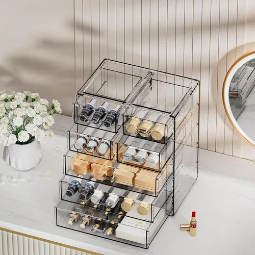 Vista 3 de Organizador de maquillaje grande de acrílico transparente, organizador de joyas, organizador de maquillaje perfecto y almacenamiento para tocador