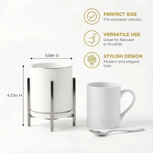 Vista 2 de Organizador de cerámica para cubiertos, soporte redondo para utensilios, soporte para utensilios de cocina para encimera, taza de cerámica con borde