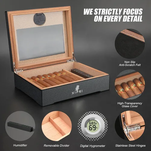 Vista 2 de XIFEI Humidor de puros, textura de fibra de carbono superior de vidrio con higrómetro digital, incluyendo humidificador de puros, divisor, caja
