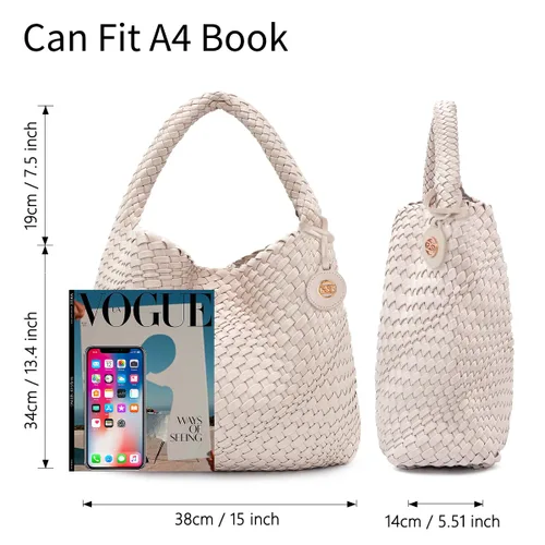 Vista 3 de PS PETITE SIMONE Bolso de mano tejido para mujer, bolso grande tejido de cuero, bolso trenzado, bolso tejido color avellana, A-Cremy blanco