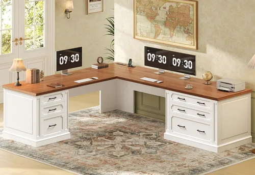 Vista 29 de SEDETA Escritorio ejecutivo en forma de L de granja de 67 pulgadas con Negro+marrón
