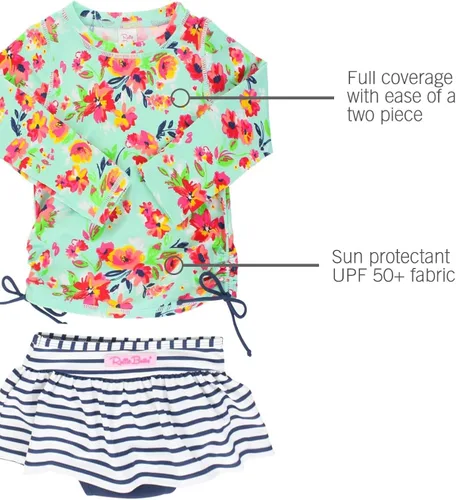 Vista 5 de RuffleButts - Conjunto de traje de baño de 2piezas con protección solar SPF50+ para niñabebé, bikini con camiseta de protección anti-brotes