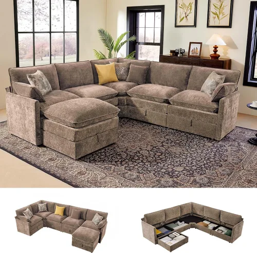 Vista 18 de Ihanherry Sofá modular de 103 pulgadas con almacenamiento, sofá de nube en forma de U con otomanas móviles y 4 almohadas, sofás seccionales de Beige