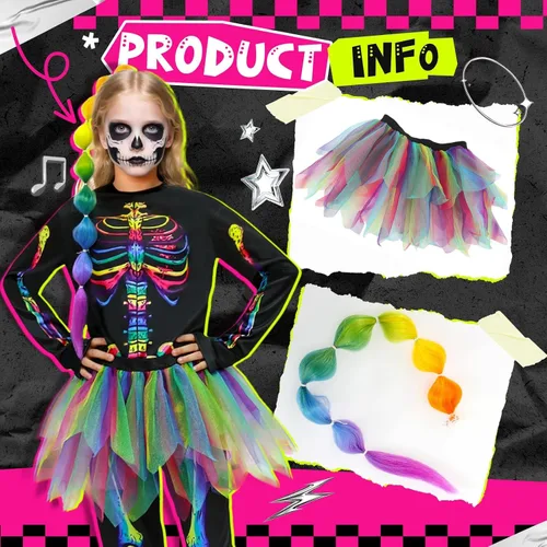 Vista 3 de Disfraz de esqueleto para niñas, vestido tutú que brilla