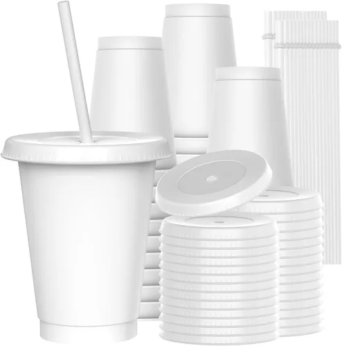 Vista 16 de Vasos de plástico de 24 onzas con tapas y pitillos, tazas de café helado resistentes y seguras para alimentos con tapa, vaso de plástico Negro
