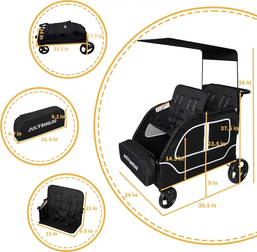 Vista 3 de Cochecito grande de 4 plazas, 2, 3, niños pequeños, color negro Car Shaped, Foldable, All Terrain, Removable Canopy, 5 Point Harness, Travel