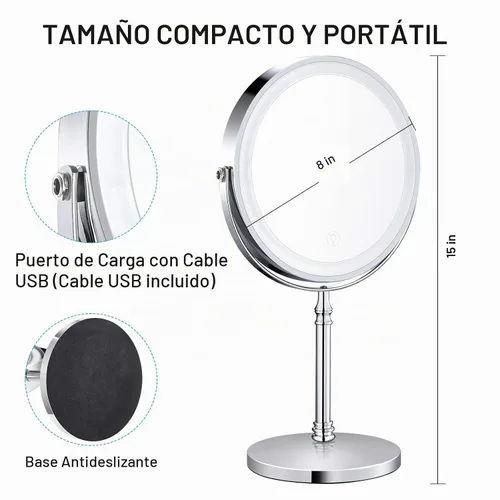 Vista 4 de Espejo de maquillaje iluminado de 8 pulgadas, espejo de maquillaje 10X con luces, espejo de aumento regulable de doble cara con luz, recargable