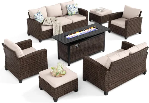 Vista 97 de HERA'S HOUSE - Juego de muebles para patio con mesa para fogata, muebles de mimbre para exteriores, sofá de conversación con asientos profundos