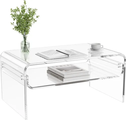Vista 9 de VEVOR Mesa de centro acrílica, moderna mesa central de cascada con estante de almacenamiento abierto, escritorio rectangular transparente Lucite