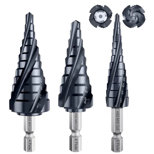 Vista 15 de Broca de cuatro Sprial Flauta M35 de cobalto, 1/4"-1-1/8" Ultra TiAIN recubierta Unibit broca, broca de vástago hexagonal de 1/4" para metal, acero