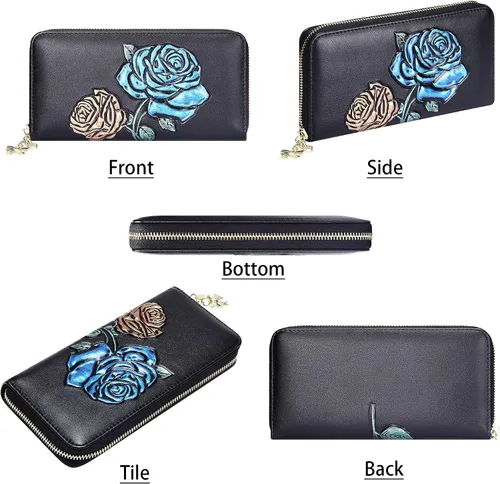 Vista 4 de FEITH & FELLY - Cartera con bloqueo RFID para mujer, de cuero grabado en relieve, talla única