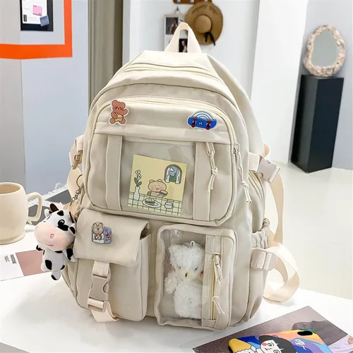 Vista 2 de Linda mochila con bonito oso de peluche y bonitos accesorios de alfiler estético de gran capacidad bonita bolsa de libros para niñas y adolescentes