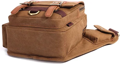 Vista 6 de Bolso de mensajero de lona vintage para hombre, bolso de mensajero de retazos de cuero en el pecho
