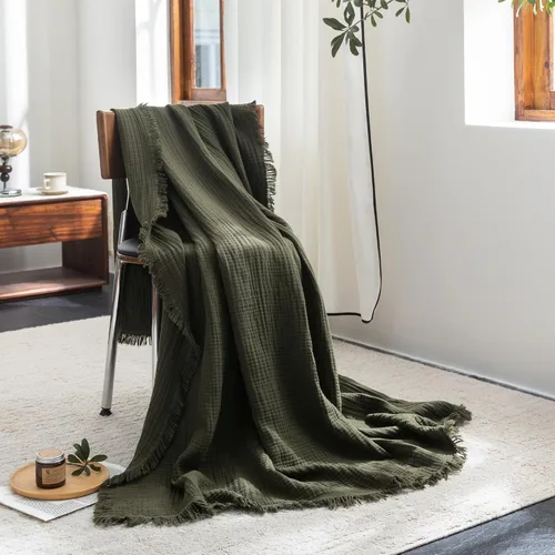 Vista 30 de FOSSA Manta de Muselina con Flecos - Gasa de Algodón 100% de 4 Capas Súper Suave y Transpirable - Manta Decorativa Ligera y Refrescante para Cama
