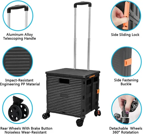 Vista 7 de Carrito plegable portátil con ruedas para compras, 4 ruedas giratorias con mango telescópico de plástico duradero y resistente, para viajes