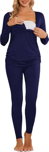 Vista 2 de Ekouaer Ropa interior térmica con botones para mujer, pijama de maternidad con forro polar de microfibra, conjunto de pijamas de invierno largo