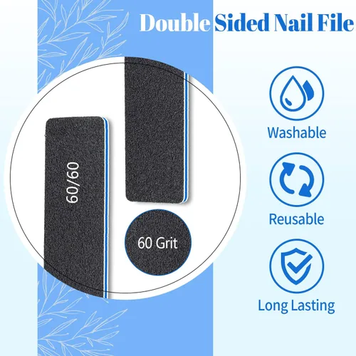 Vista 2 de Limas de uñas rectangulares negras de grano 60/60, 50 piezas de tablero de esmeril profesional de doble cara, herramienta gruesa reutilizable