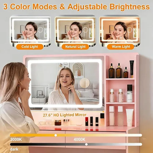 Vista 5 de Escritorio de tocador de maquillaje con espejo y luces, parte superior de Rosa