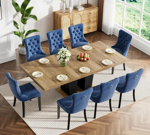 Vista 107 de Juego de mesa de comedor extensible marrón de 63 a 78.74 pulgadas para 4, juego de mesa de comedor de 5 piezas con 4 sillas, mesa de cocina