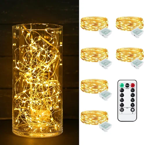 Vista 30 de Paquete de 6 luces de hadas a pilas con temporizador remoto, 8 modos de iluminación, 7 pies, 20 luces LED impermeables para Halloween, Navidad