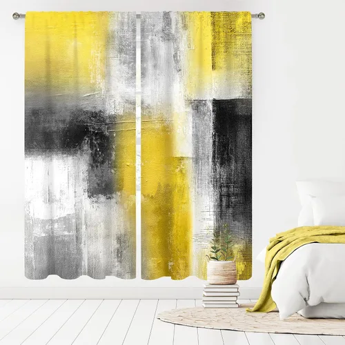Vista 21 de MESHELLY Cortinas Rojas Abstractas 42Wx63H Pulgadas Bolsillo para Varilla Bloques Rústicos Borgoña Marrón Pintura al Óleo Casa de Campo Dormitorio
