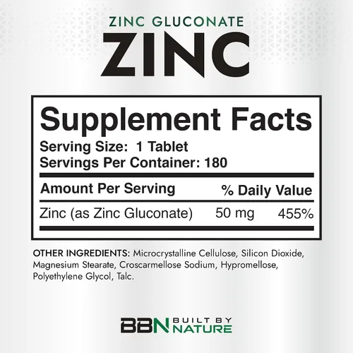 Vista 4 de Built By Nature Zinc 50 mg, 180 comprimidos de gluconato de zinc, altamente absorbente, apoyo inmunológico y antioxidante, sin OMG, sin gluten