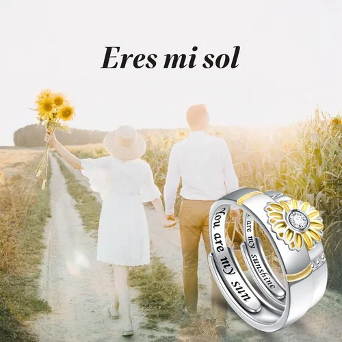Vista 4 de Anillos a juego con diseño de girasol Claddagh, anillos de plata de ley para parejas, juegos de anillos de compromiso de boda para él y ella
