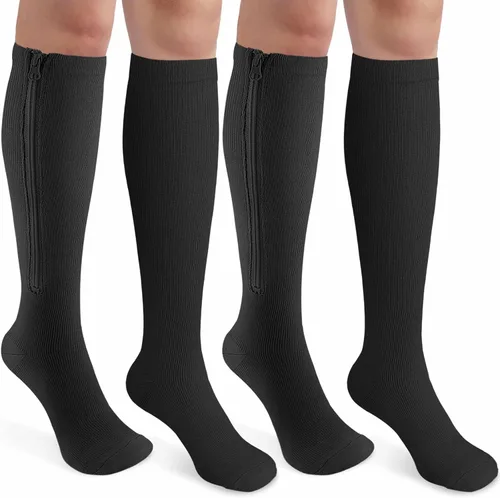 Vista 13 de CASMON 2 pares de calcetines de compresión con cremallera para mujeres y hombres, punta cerrada de 15 a 20 mmHg, calcetines de apoyo alto hasta
