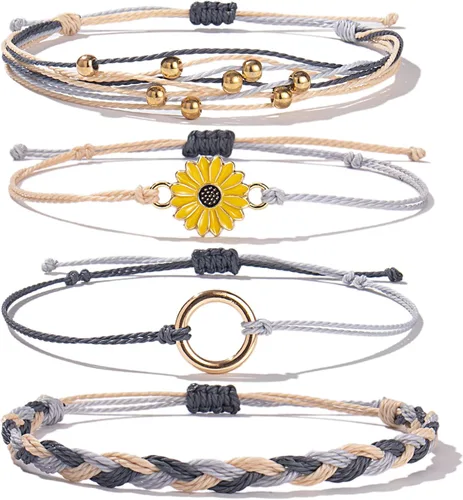 Vista 25 de Pulsera de cuerda trenzada hecha a mano con diseño de girasol para adolescentes y mujeres Beige
