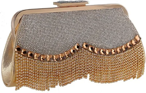 Vista 4 de Bolsos de embrague de oro para las mujeres bolsos de noche diamantes de imitación borla lujoso pequeño bolso de Crossbody