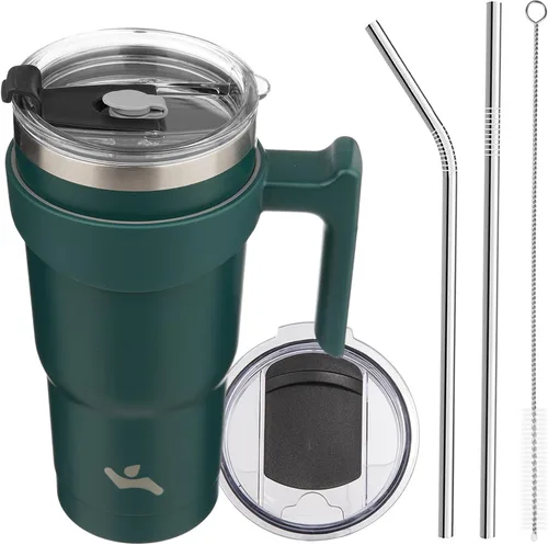 Vista 30 de Konokyo - Vaso de 10 onzas con asa y 2 popotes, 2 tapas, botella de agua aislada de acero inoxidable, taza de viaje reutilizable, color verde militar