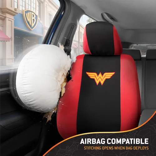 Vista 8 de BDK Wonder Woman - Juego completo de 9 piezas para asientos de automóvil, protectores de asiento de poliéster, color negro y rojo