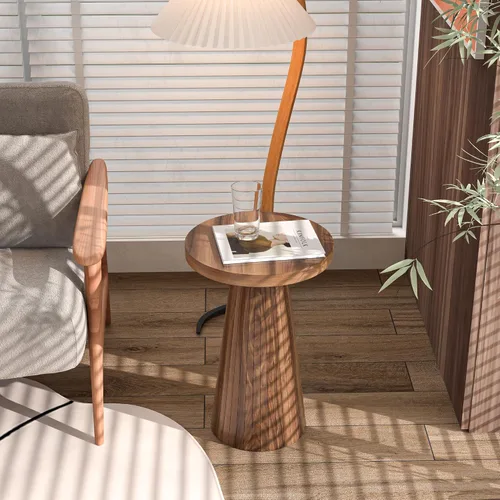 Vista 7 de Pequeña mesa auxiliar redonda con pedestal, mesa auxiliar de madera para sala de estar, mesa de bebidas acanalada para espacios pequeños, mesa Nogal