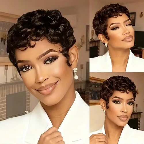 Vista 16 de YJOQOKOA Peluca corta de cabello humano estilo Bob para mujeres negras, pelucas de cabello humano con corte Pixie, sin pegamento, sin encaje X312 1B#