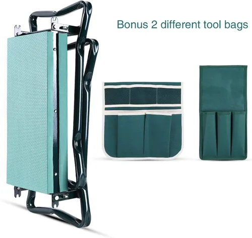 Vista 9 de Banco plegable 2-en-1 para jardín, de la marca Ohuhu, reclinatorio y asiento, incluye 2 bolsas de herramientas, para exterior, Verde