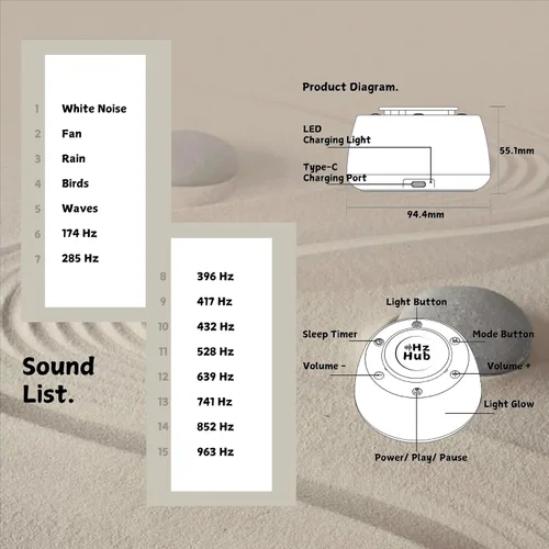 Vista 5 de Solfeggio Máquina de sonido de frecuencia — 432 Hz, 528 Hz y 10 frecuencias de curación + ruido blanco Generador de frecuencia portátil