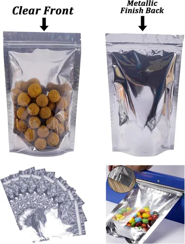 Vista 4 de Paquete de 100 bolsas de Mylar para almacenamiento de alimentos, papel de aluminio resellable, bolsa transparente de pie con ventana frontal de 3.94