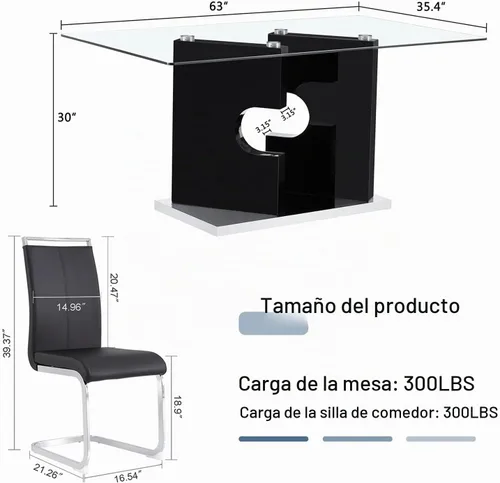 Vista 2 de Ebullient Juego de mesa de comedor de cristal de 63 pulgadas para 6, mesa de comedor de vidrio negro y base de MDF, mesa de cocina rectangular Mesa