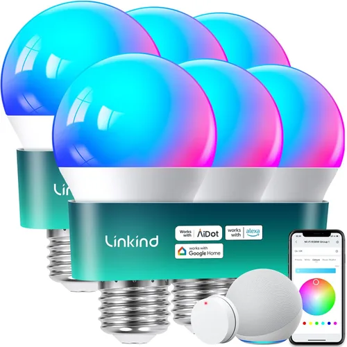 Vista 14 de Linkind Bombillas inteligentes WiFi, bombilla de luz Alexa que funciona con Alexa, Google Home, bombilla RGBTW de cambio de color de 16 millones